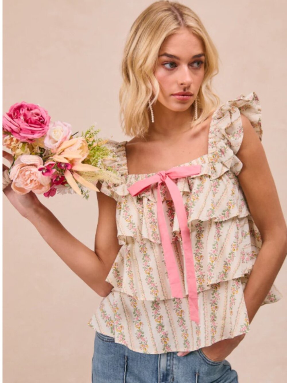FLORAL PRINTED WOVEN FRONT BOW TIED RUFFLED SQUARE NECK TOP 1X-3X